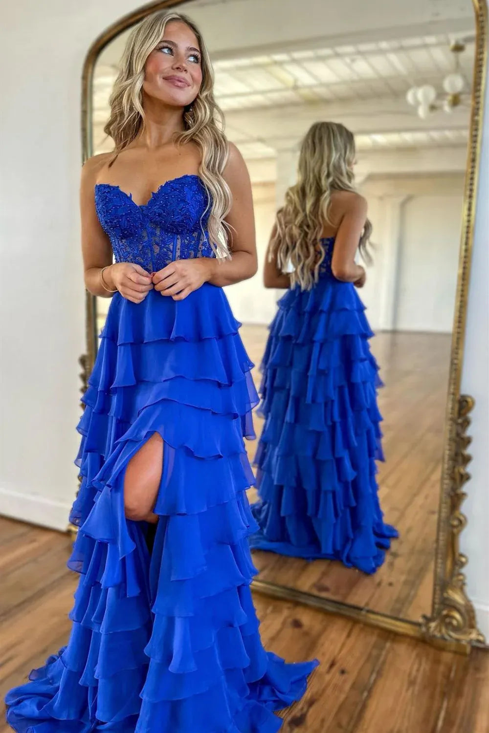 Cute Yellow A-Line Sweetheart  Long Tiered Chiffon Prom Dress with Leg Slit