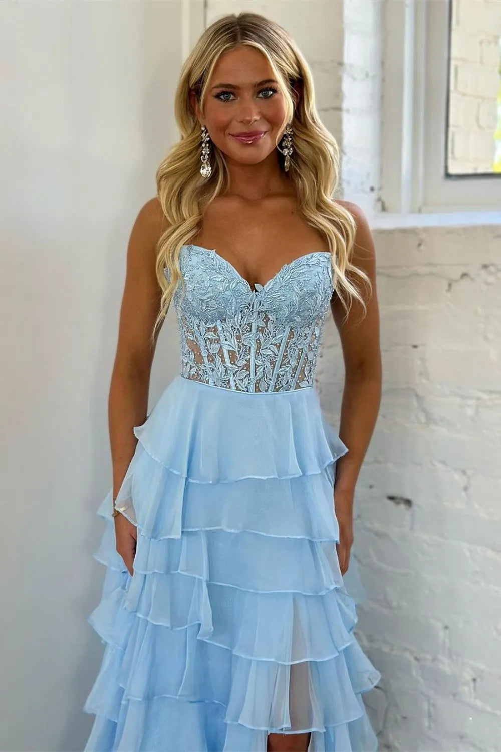 Cute Yellow A-Line Sweetheart  Long Tiered Chiffon Prom Dress with Leg Slit