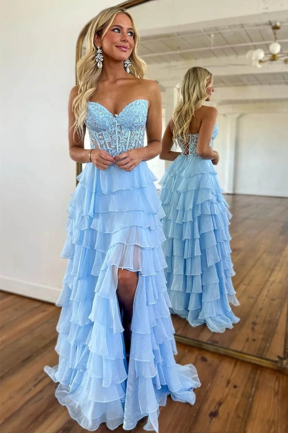 Cute Yellow A-Line Sweetheart  Long Tiered Chiffon Prom Dress with Leg Slit