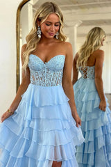 Cute Yellow A-Line Sweetheart  Long Tiered Chiffon Prom Dress with Leg Slit