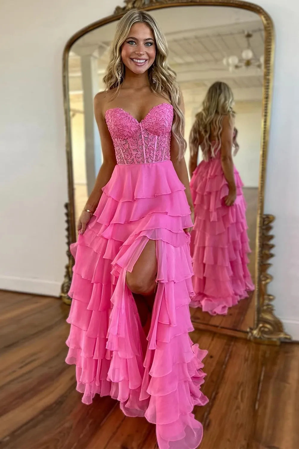Cute Yellow A-Line Sweetheart  Long Tiered Chiffon Prom Dress with Leg Slit