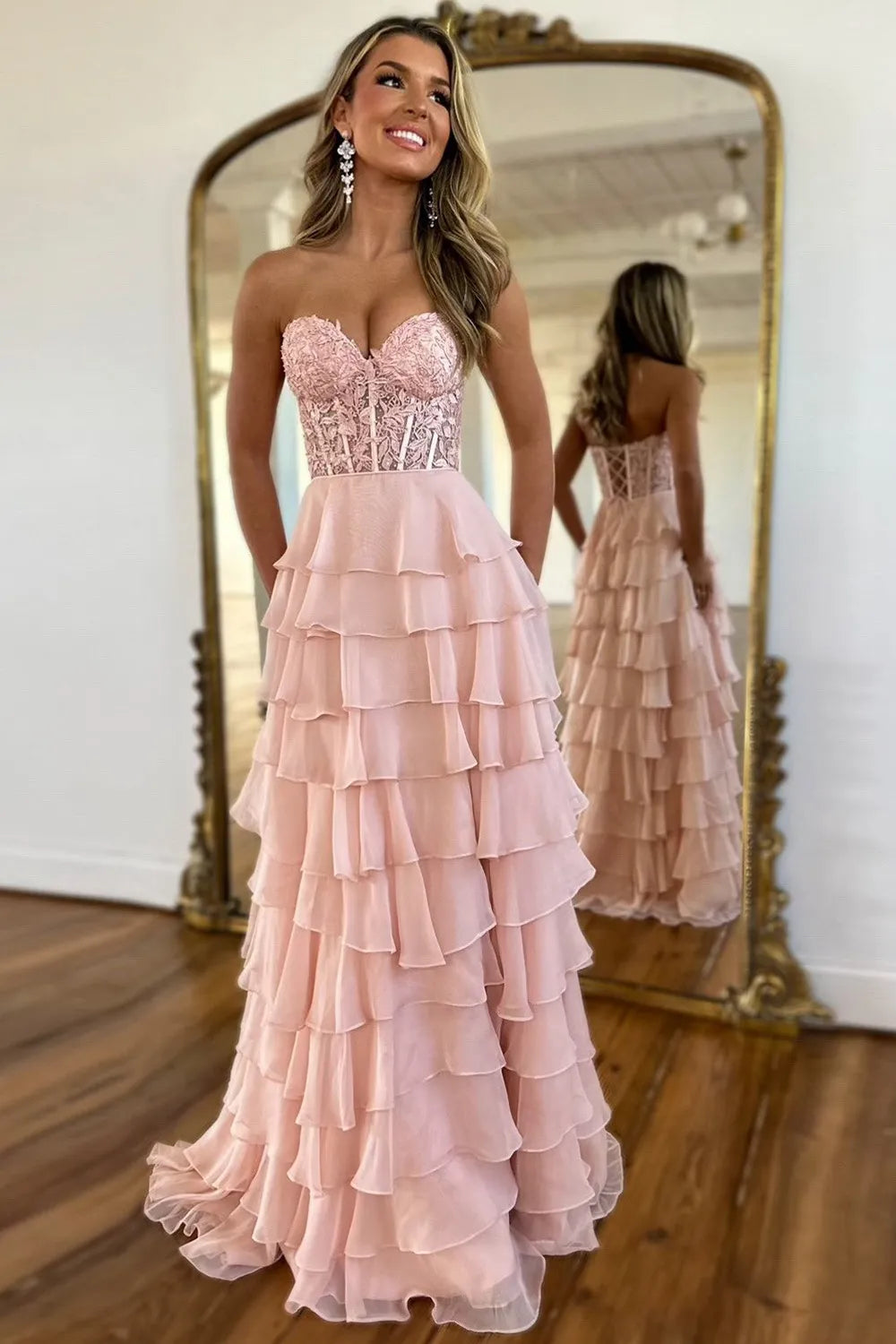 Cute Yellow A-Line Sweetheart  Long Tiered Chiffon Prom Dress with Leg Slit