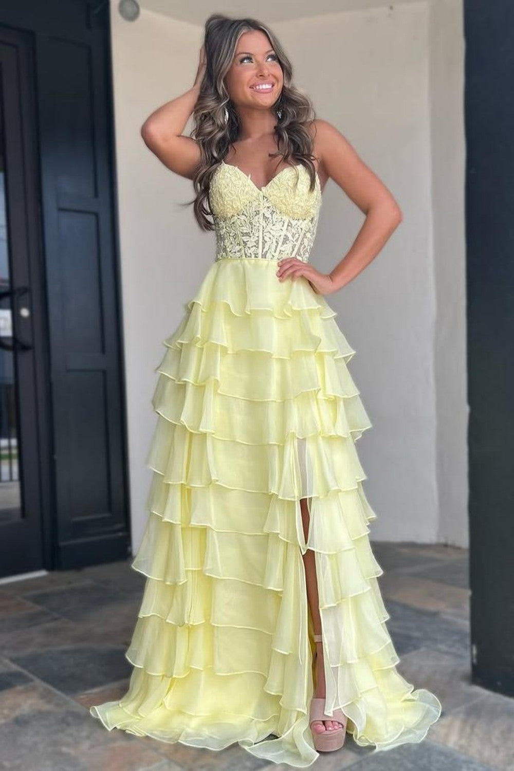 Cute Yellow A-Line Sweetheart  Long Tiered Chiffon Prom Dress with Leg Slit