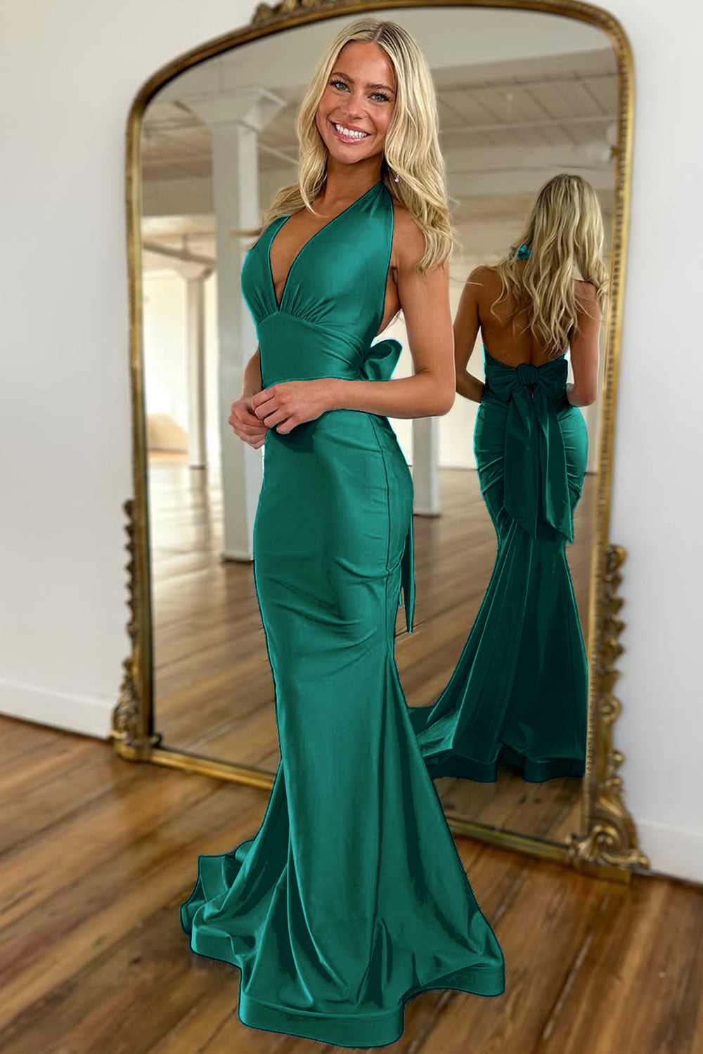 Light Blue Mermaid Halter Neck Backless Long Satin Prom Dress with Bowknot