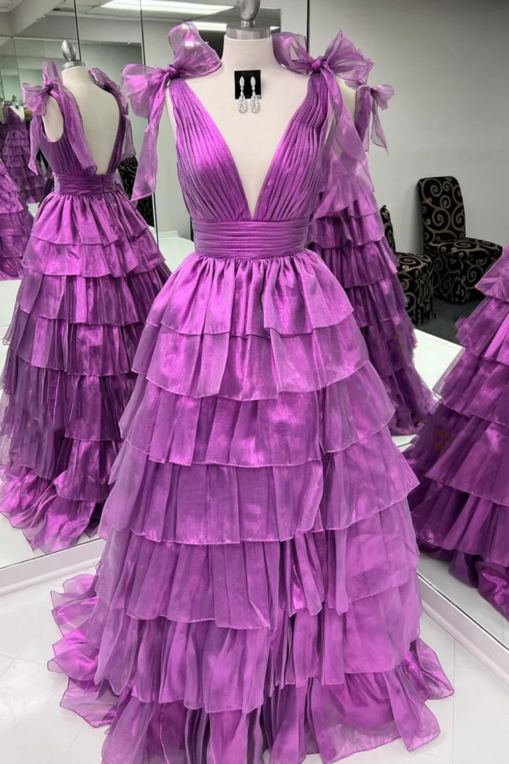Lovely Pink A-Line Deep V-Neck Long Tiered Tulle Prom Dress with Slit