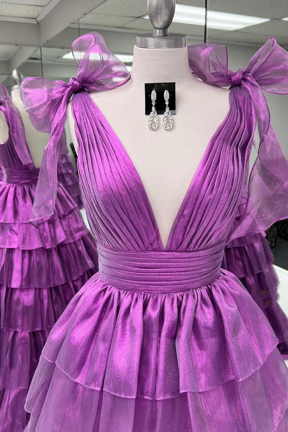 Lovely Pink A-Line Deep V-Neck Long Tiered Tulle Prom Dress with Slit
