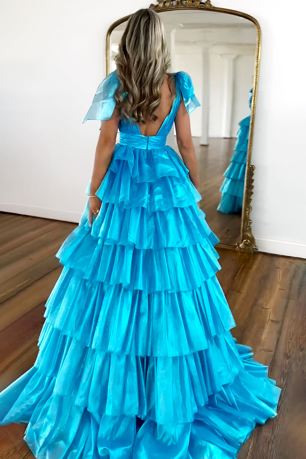 Lovely Pink A-Line Deep V-Neck Long Tiered Tulle Prom Dress with Slit