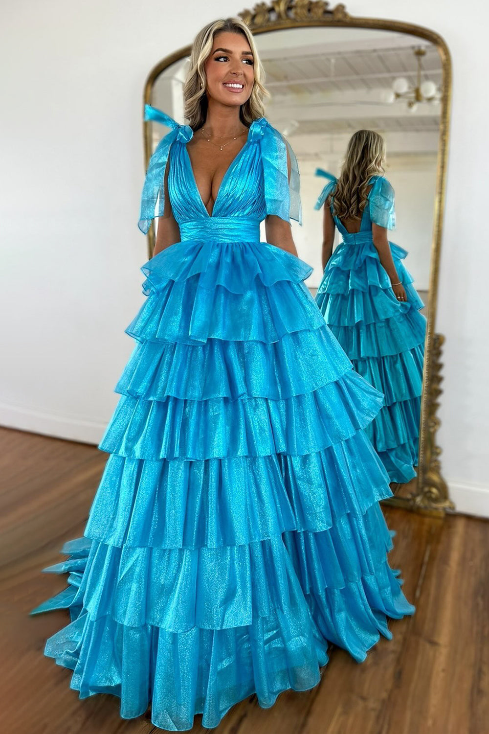Lovely Pink A-Line Deep V-Neck Long Tiered Tulle Prom Dress with Slit
