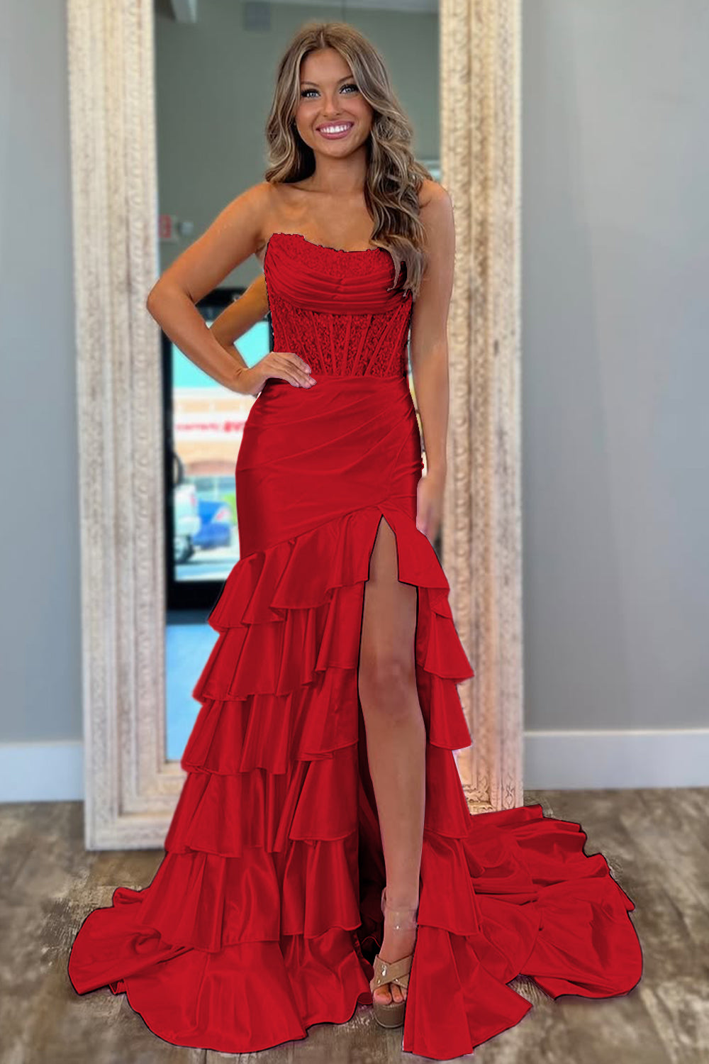 Chic Light Blue Mermaid Strapless Long Satin Prom Dress with Ruffle Skirt