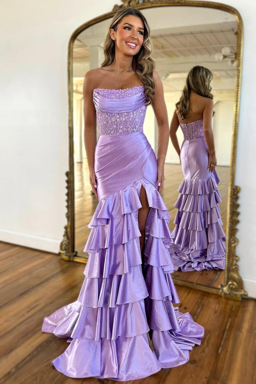 Chic Light Blue Mermaid Strapless Long Satin Prom Dress with Ruffle Skirt