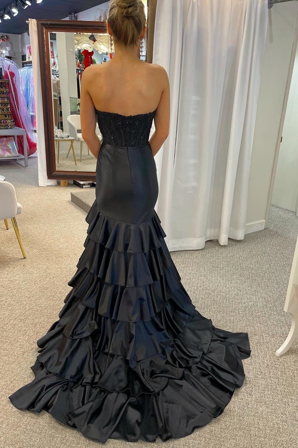 Chic Light Blue Mermaid Strapless Long Satin Prom Dress with Ruffle Skirt