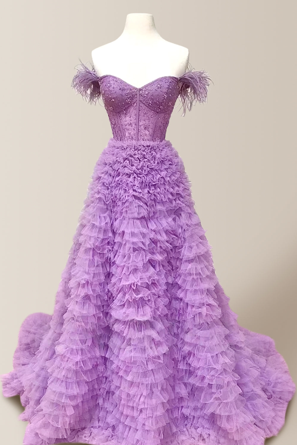 Luxurious A-Line Off The Shoulder Long Ruched Tulle Prom Dress with Feather