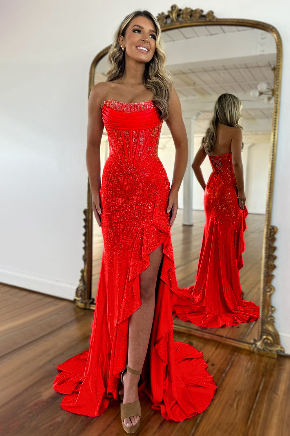 Gorgeous Sparkly Mermaid Strapless Lace Up Long Beaded Prom Dress