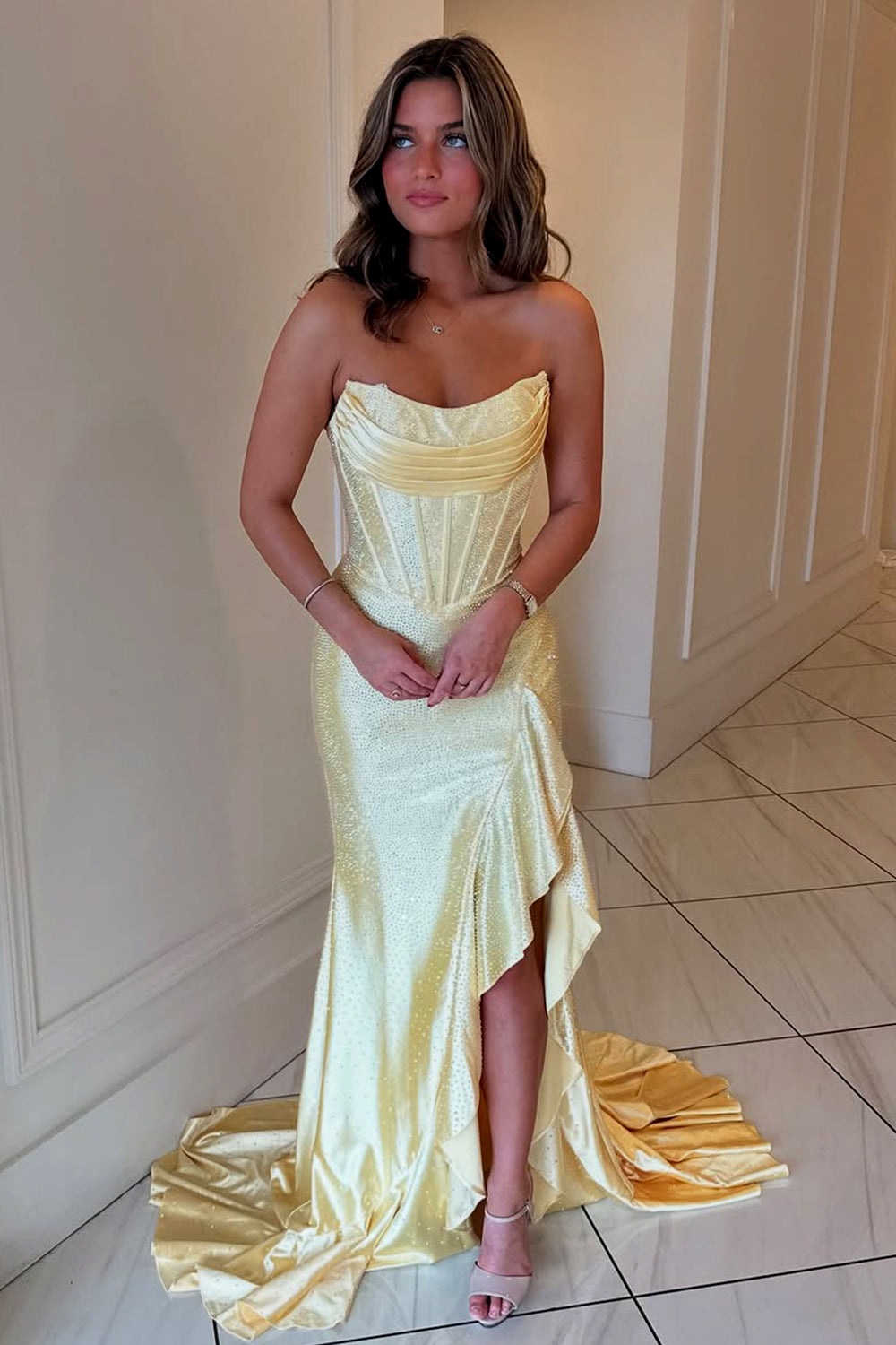 Gorgeous Sparkly Mermaid Strapless Lace Up Long Beaded Prom Dress
