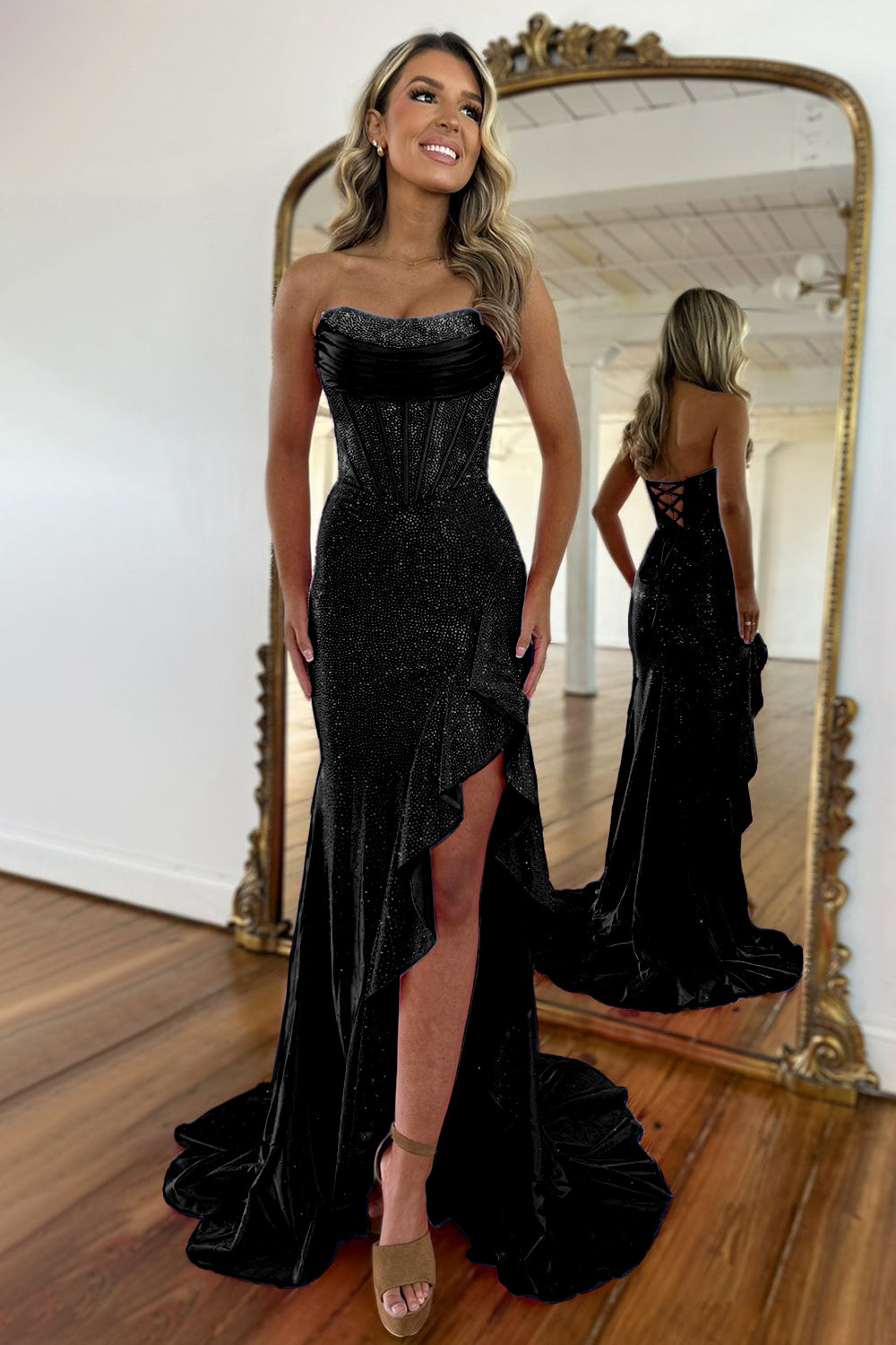 Gorgeous Sparkly Mermaid Strapless Lace Up Long Beaded Prom Dress