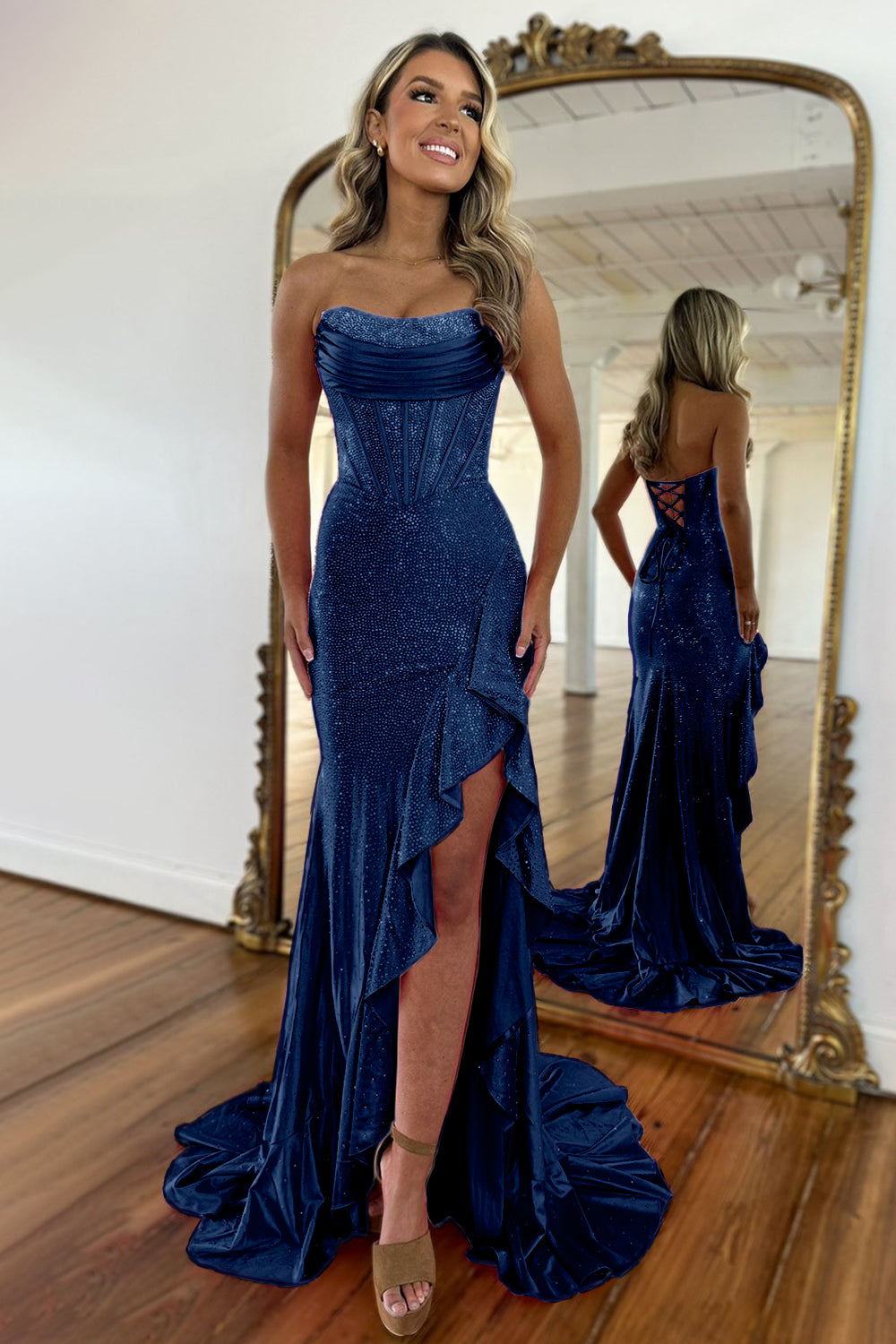 Gorgeous Sparkly Mermaid Strapless Lace Up Long Beaded Prom Dress