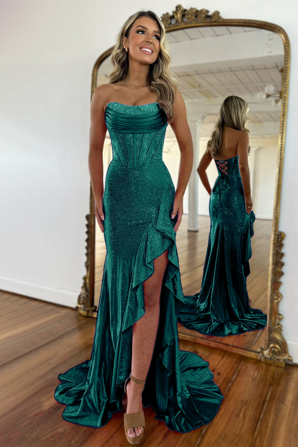 Gorgeous Sparkly Mermaid Strapless Lace Up Long Beaded Prom Dress
