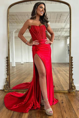 Mermaid Strapless Lace Top Long Satin Prom Party Dress with Split