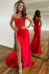 Mermaid Strapless Lace Top Long Satin Prom Party Dress with Split