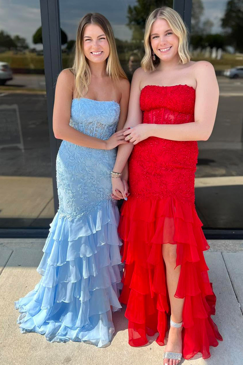 Mint Green Mermaid Strapless Lace Corset Prom Dress with Ruffle Skirt