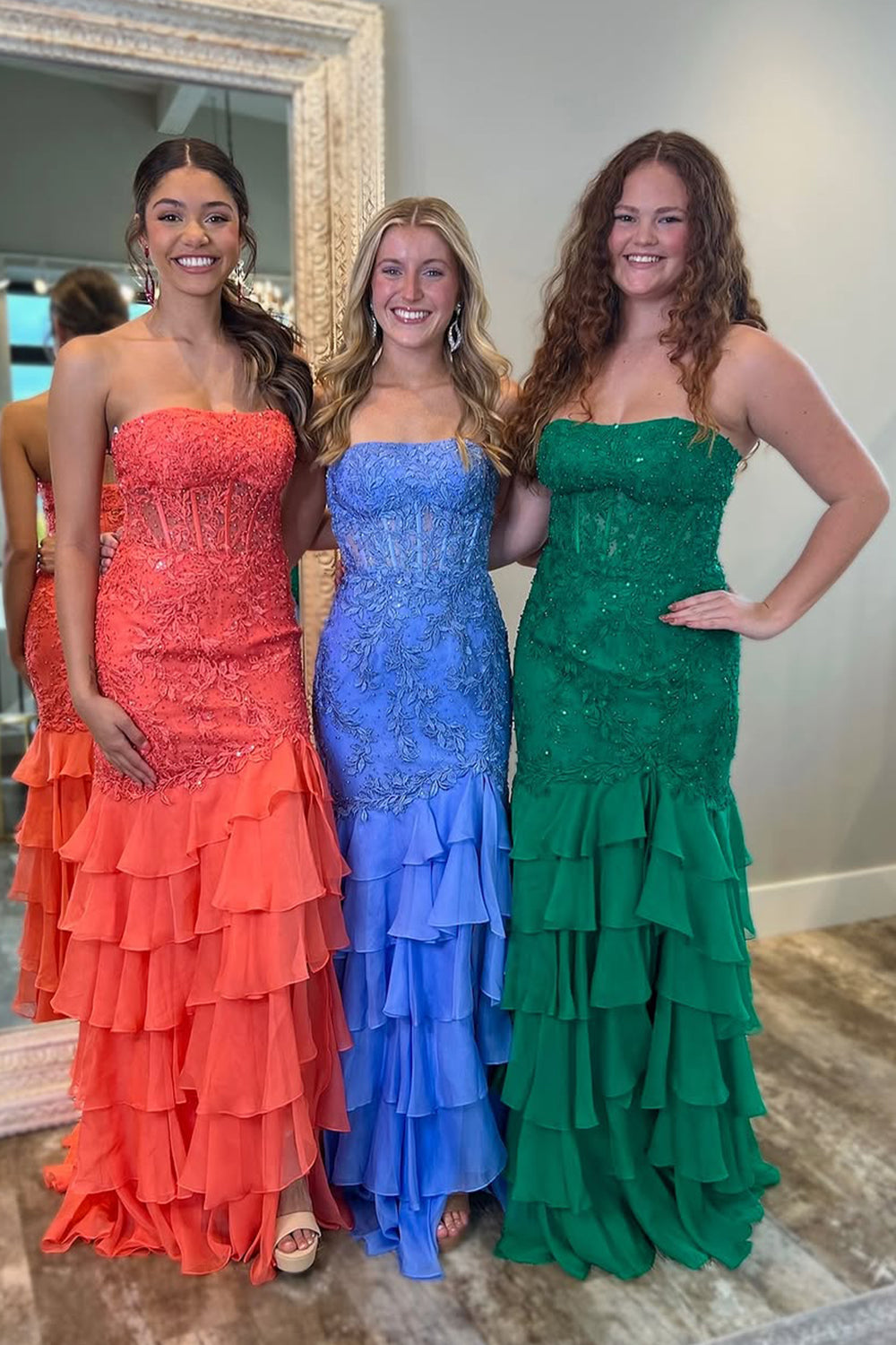Mint Green Mermaid Strapless Lace Corset Prom Dress with Ruffle Skirt