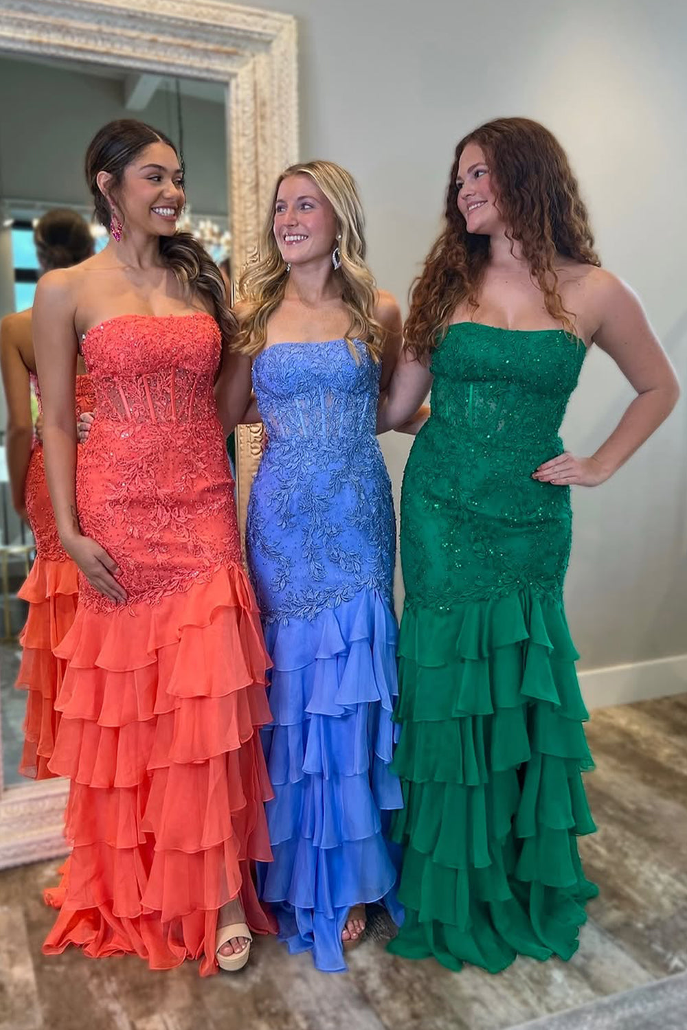 Mint Green Mermaid Strapless Lace Corset Prom Dress with Ruffle Skirt