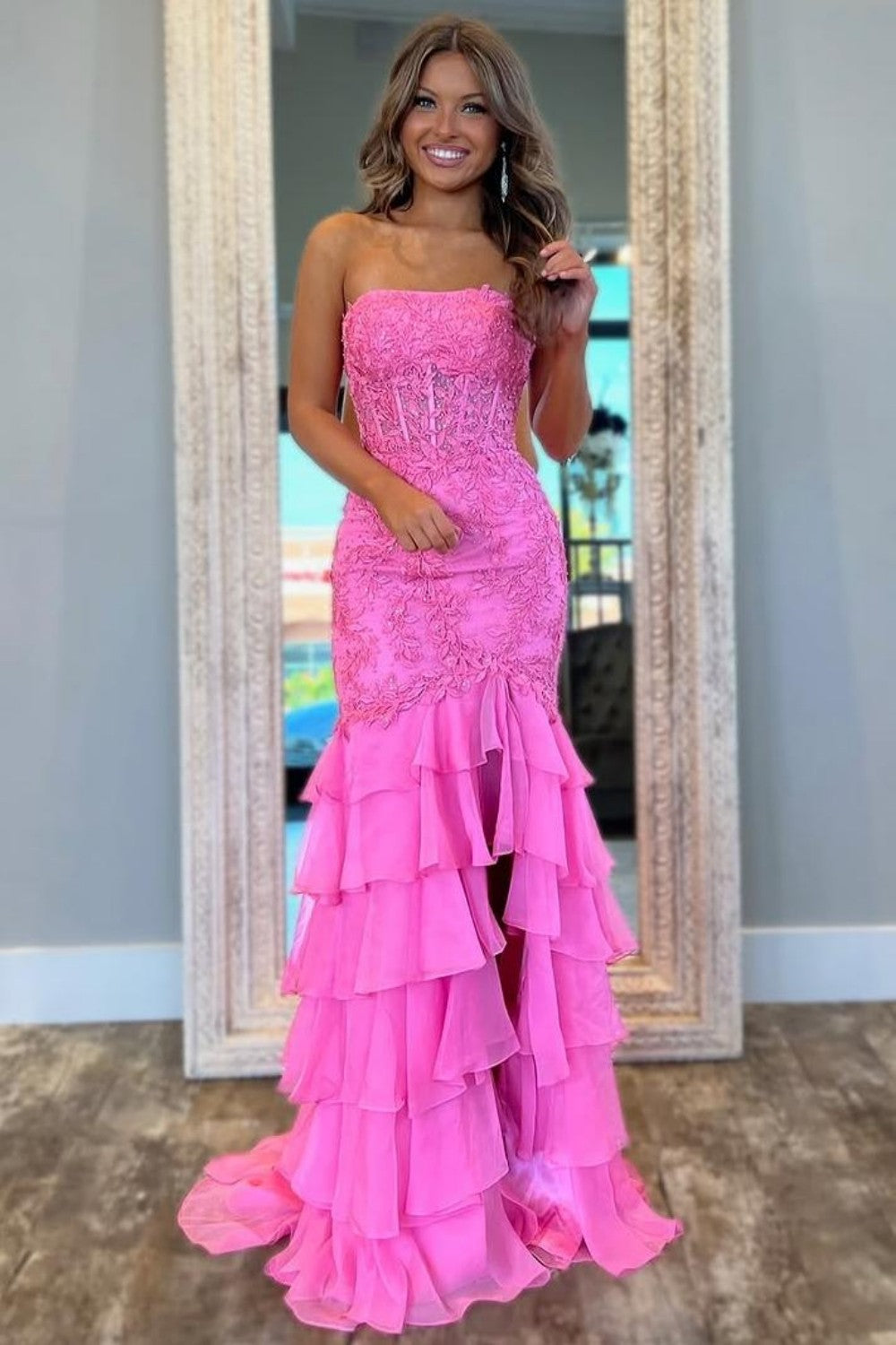 Mint Green Mermaid Strapless Lace Corset Prom Dress with Ruffle Skirt