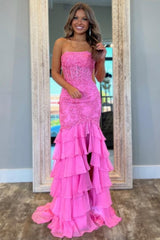 Mint Green Mermaid Strapless Lace Corset Prom Dress with Ruffle Skirt