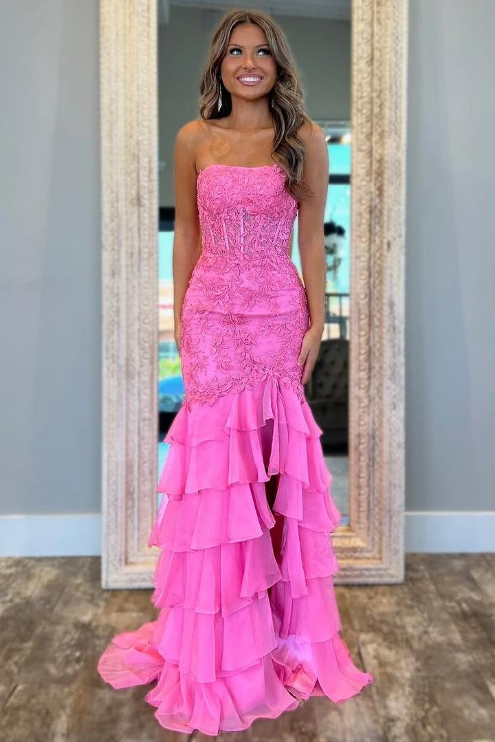 Mint Green Mermaid Strapless Lace Corset Prom Dress with Ruffle Skirt