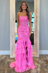 Mint Green Mermaid Strapless Lace Corset Prom Dress with Ruffle Skirt