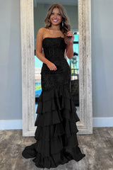 Mint Green Mermaid Strapless Lace Corset Prom Dress with Ruffle Skirt