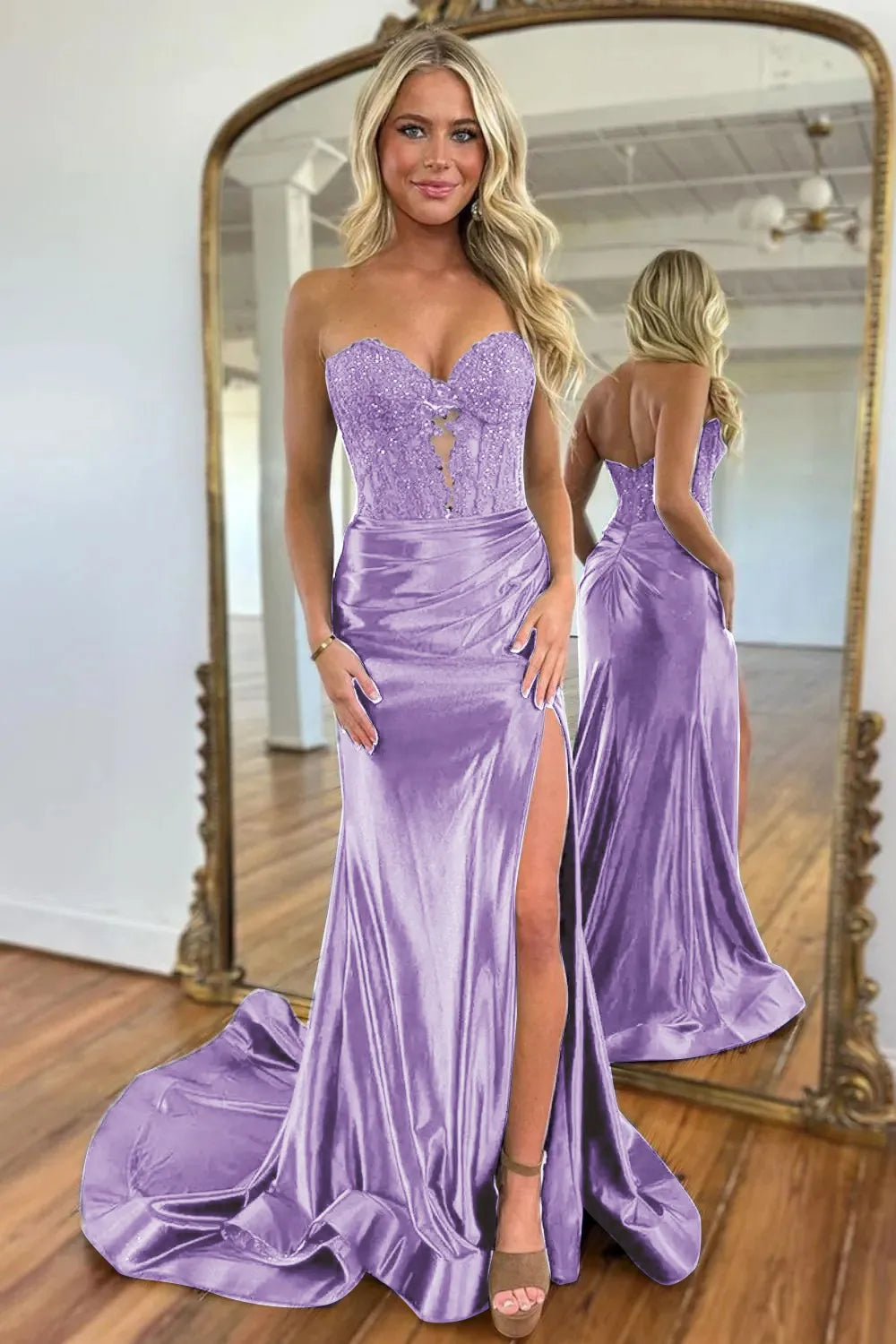 Navy Blue Sweetheart Lace Top Mermaid Satin Prom Dress With Split