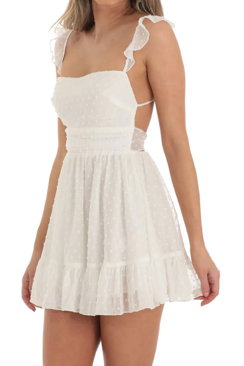 Cute A-Line Square Neck Tie Back Little White Graduation Dress