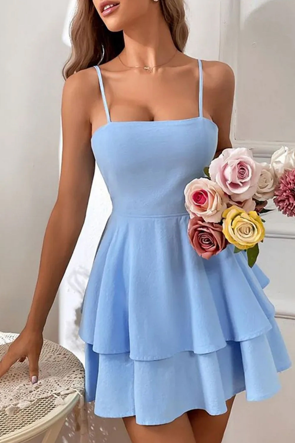 Simple Spaghetti Straps Keyhole Back 2 Layers Graduation Dress