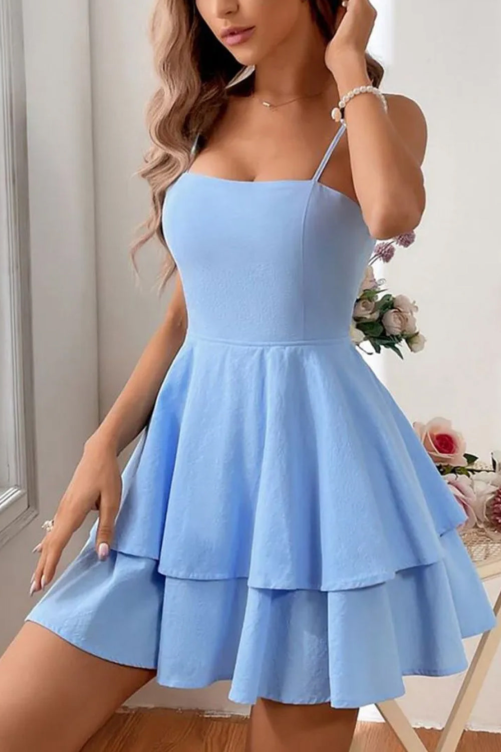 Simple Spaghetti Straps Keyhole Back 2 Layers Graduation Dress