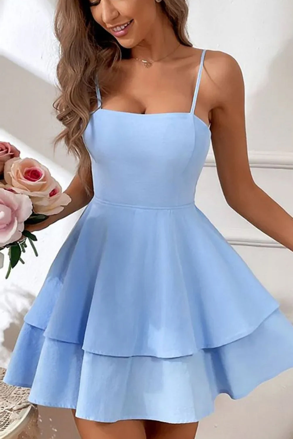 Simple Spaghetti Straps Keyhole Back 2 Layers Graduation Dress