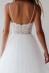 Princess A-Line Spaghetti Straps Lace Top Long Tulle White Graduation Dress