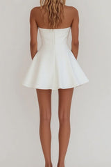 Simple A-Line Strapless Zipper Back Short Mini Satin Little White Graduation Dress