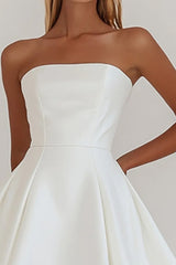Simple A-Line Strapless Zipper Back Short Mini Satin Little White Graduation Dress