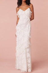 White Sheath Spaghetti Straps Backless Long Graduation Dress with Ruffles