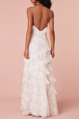 White Sheath Spaghetti Straps Backless Long Graduation Dress with Ruffles