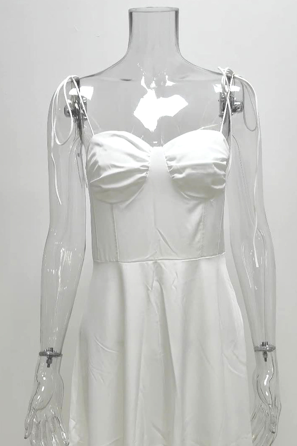 Chic White A-Line Tie Spaghetti Straps Tea Length Graduation Dress