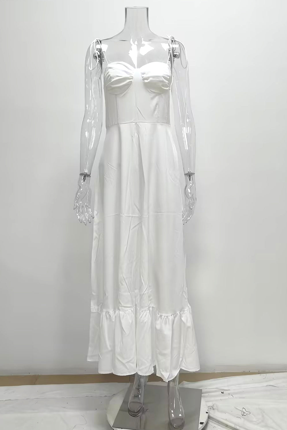 Chic White A-Line Tie Spaghetti Straps Tea Length Graduation Dress