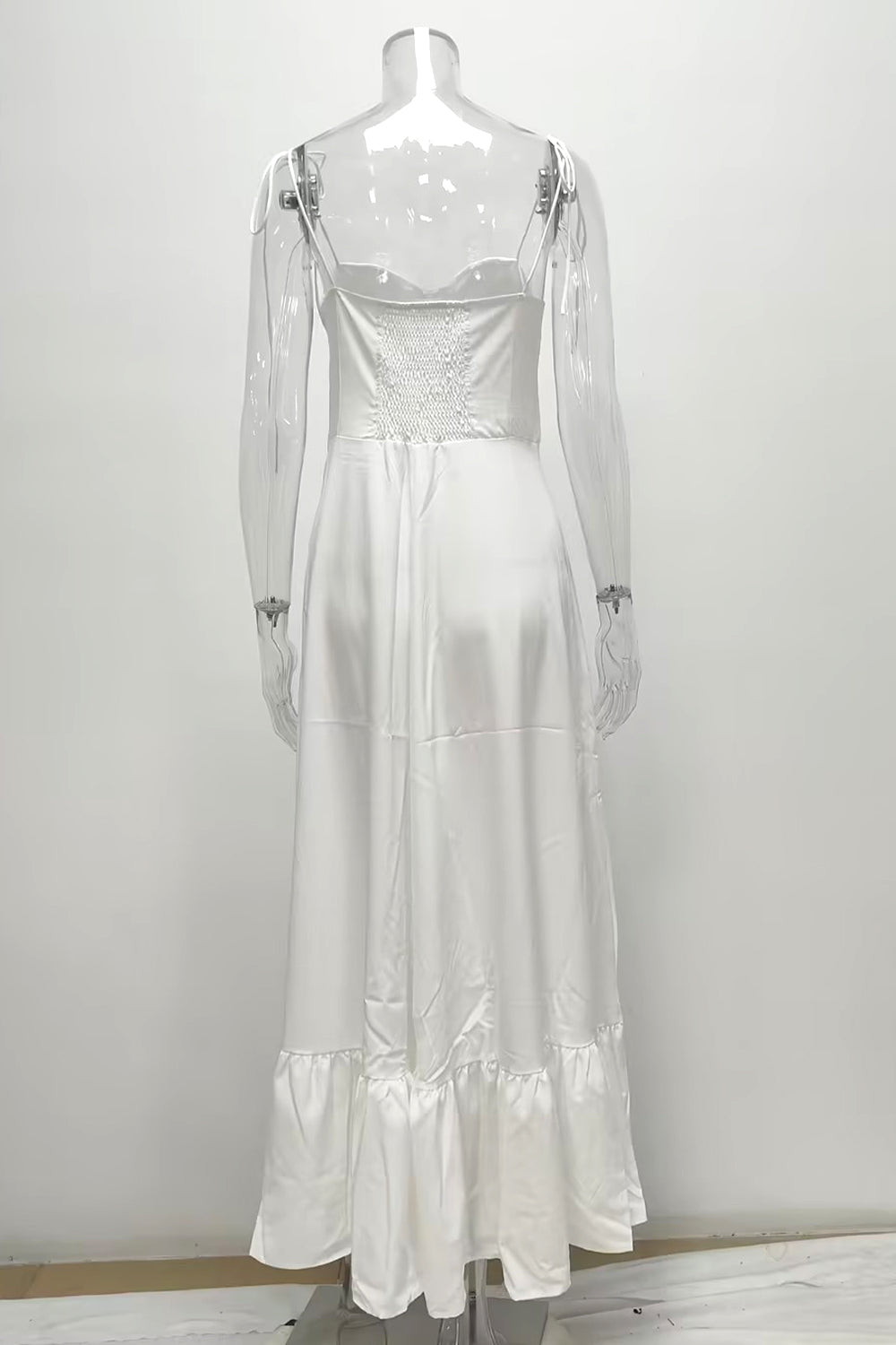 Chic White A-Line Tie Spaghetti Straps Tea Length Graduation Dress