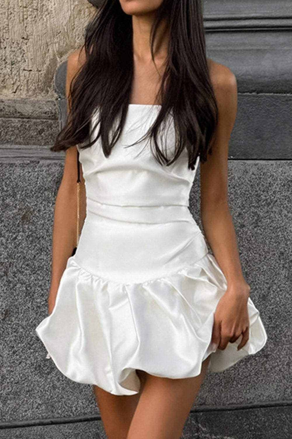 Simple A-Line Strapless Mini Satin White Graduation Dress
