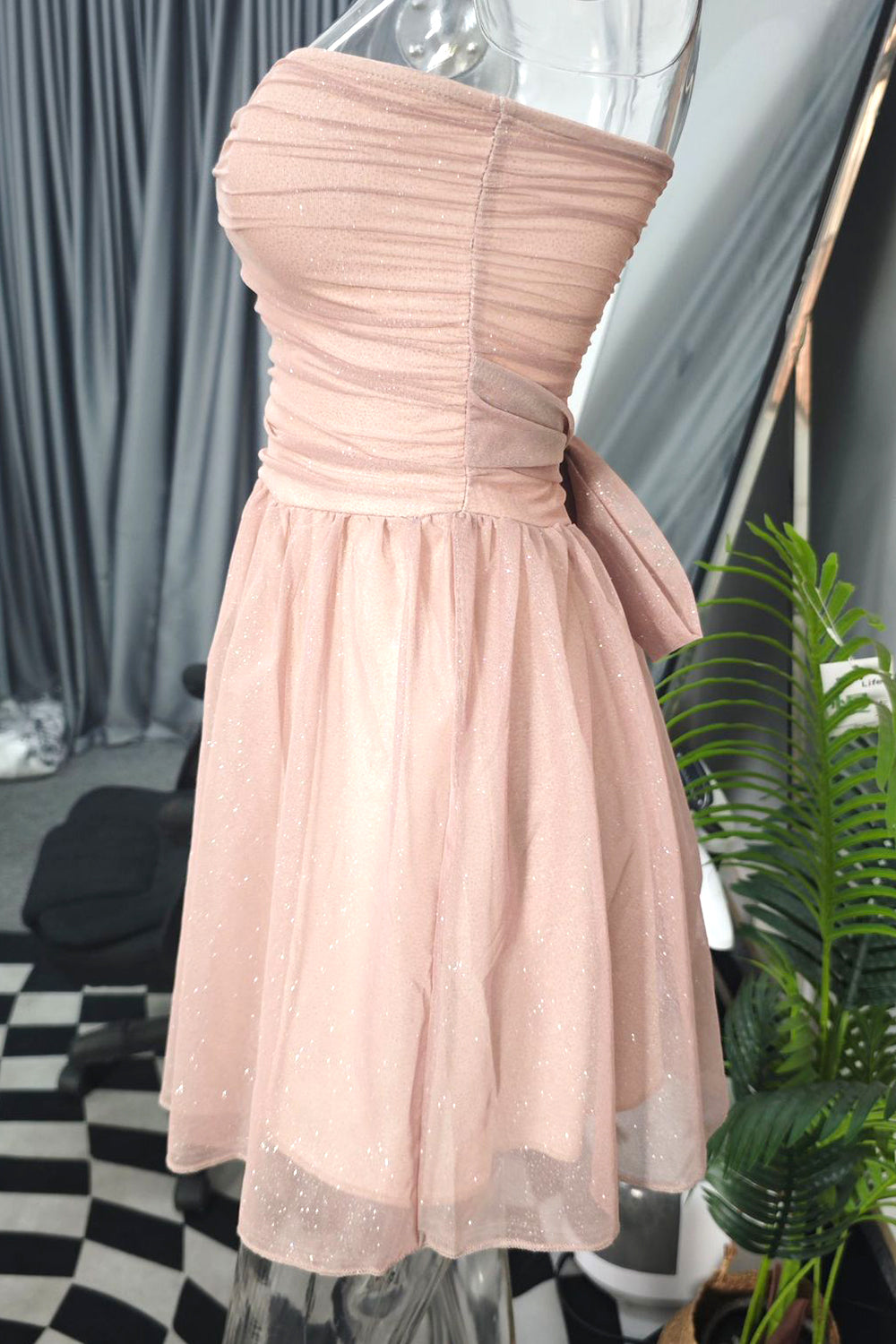 Cute A-Line Strapless Tulle Prom Sparkly Graduation Dress with Bow