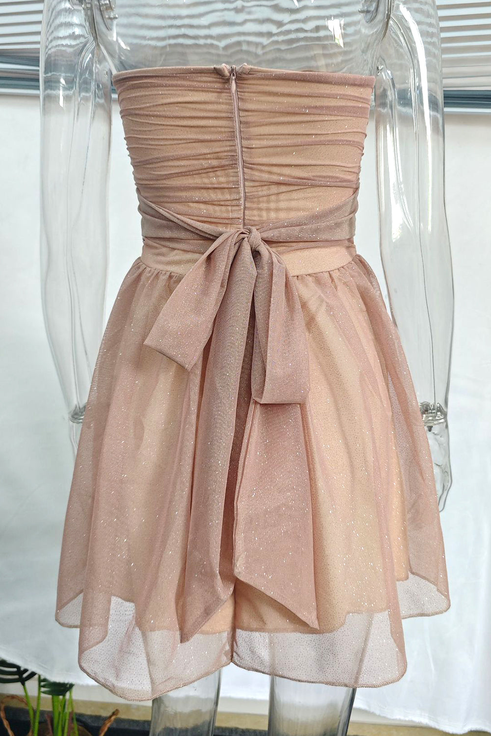 Cute A-Line Strapless Tulle Prom Sparkly Graduation Dress with Bow