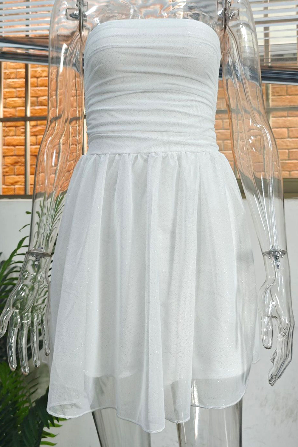 Cute A-Line Strapless Tulle Prom Sparkly Graduation Dress with Bow