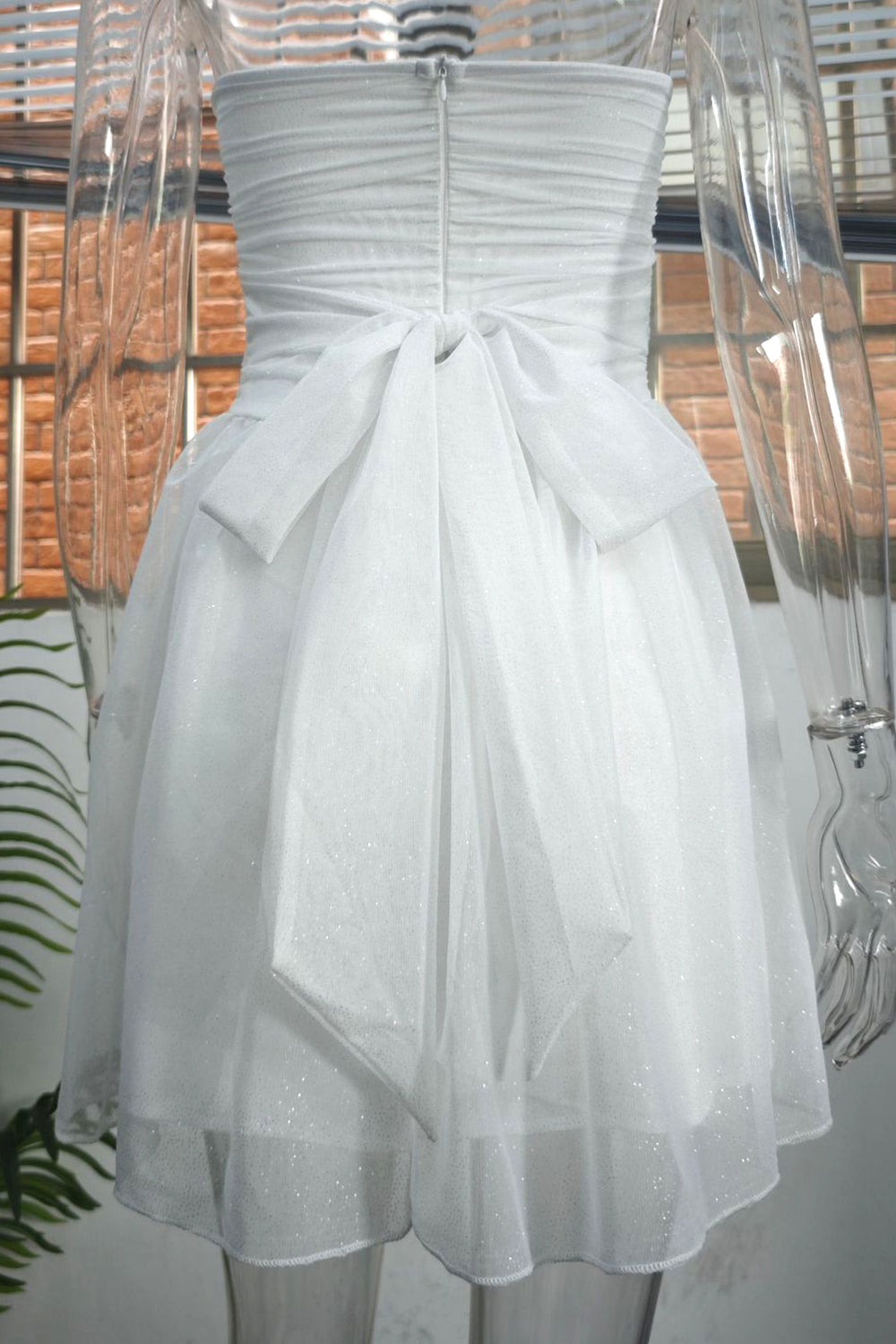 Cute A-Line Strapless Tulle Prom Sparkly Graduation Dress with Bow