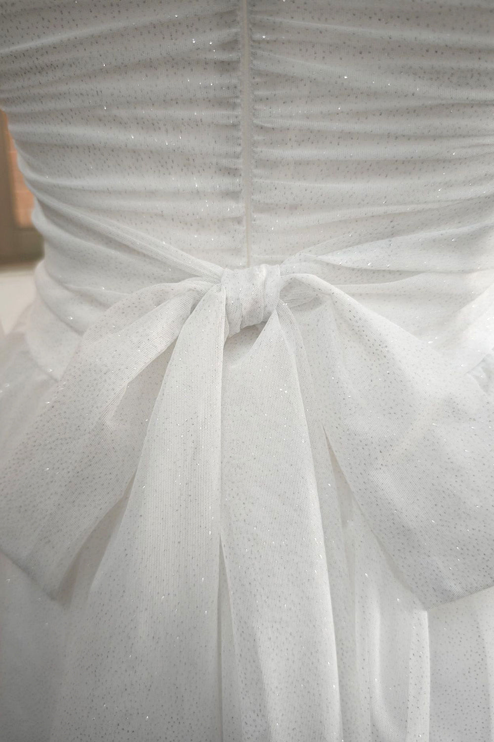 Cute A-Line Strapless Tulle Prom Sparkly Graduation Dress with Bow
